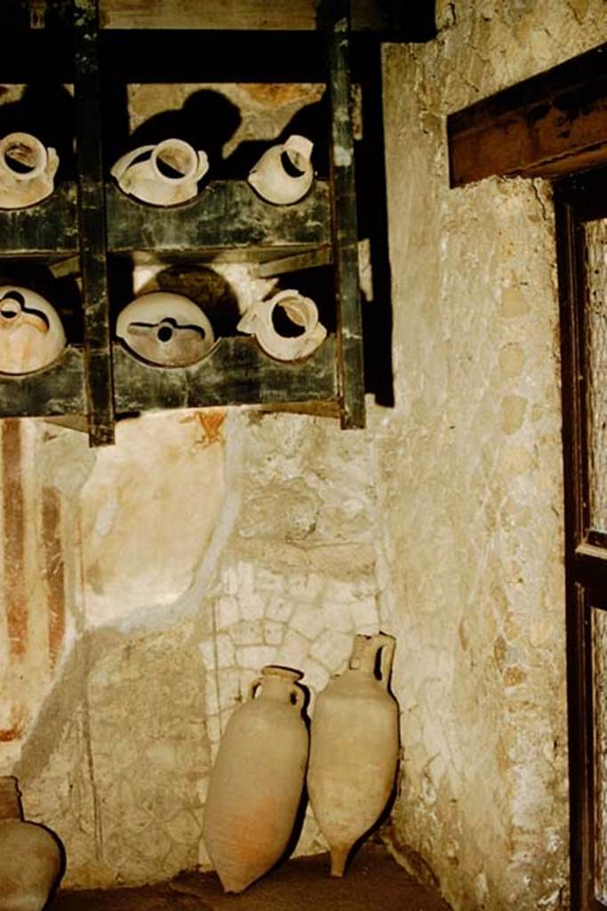 V.6 Herculaneum, 1957. South wall and south-west corner of shop.
Photo by Stanley A. Jashemski.
Source: The Wilhelmina and Stanley A. Jashemski archive in the University of Maryland Library, Special Collections (See collection page) and made available under the Creative Commons Attribution-Non-Commercial License v.4. See Licence and use details.
J57f0446